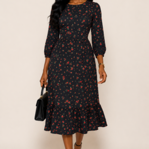 Black Floral Long Sleeve Midi Dress