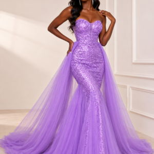 Lavender Luxe Sequin Mermaid Evening Gown with Detachable Tulle Train